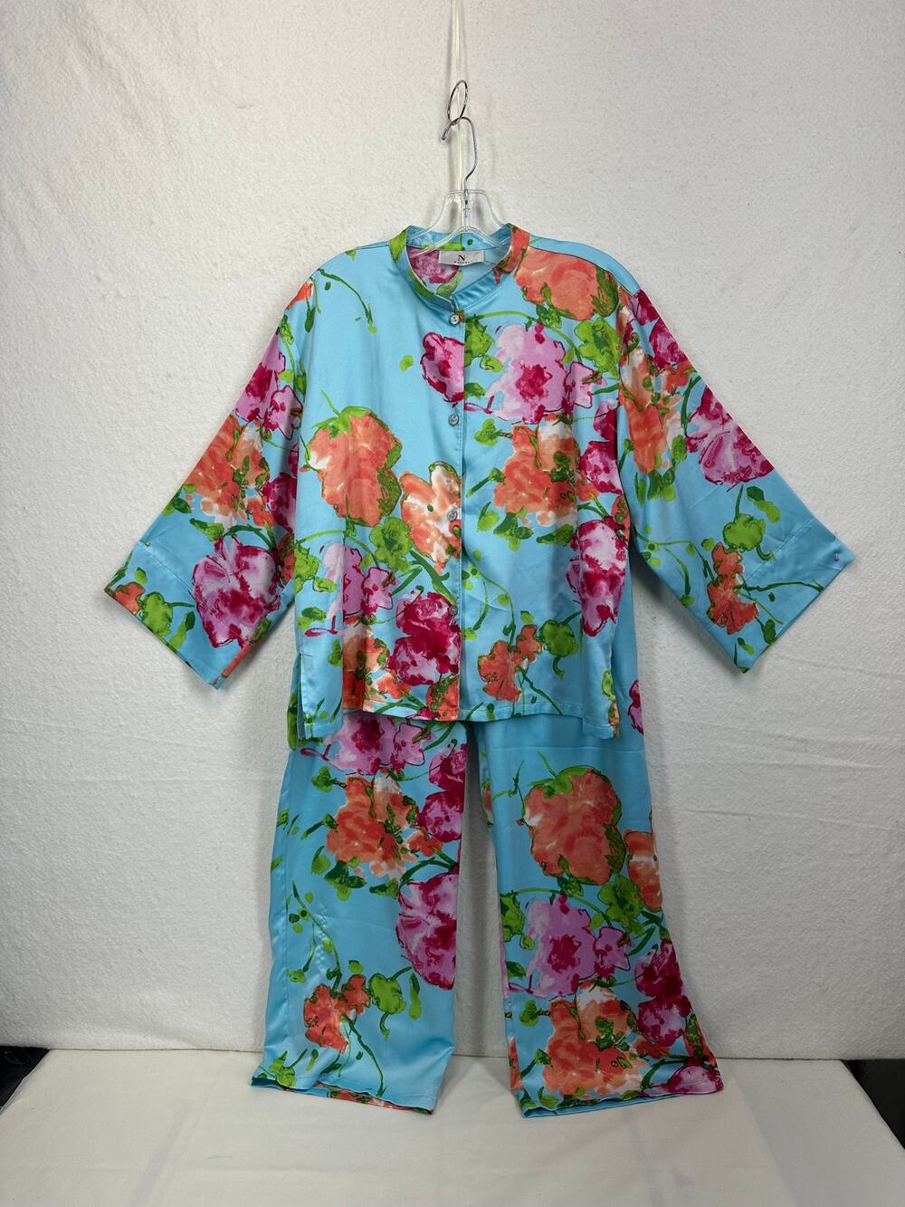 Natori Satin Floral Pajama Set SZ M Mandarin Collar Aqua Bold Luxury PJ's